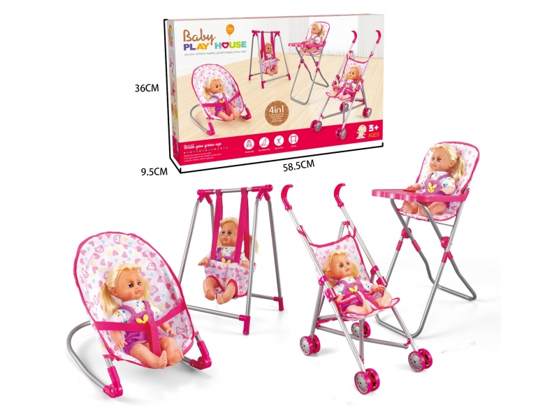 Set 4 in 1 Papusa AliBIbi, cu scaun, leagan, carucior si scaun de masa