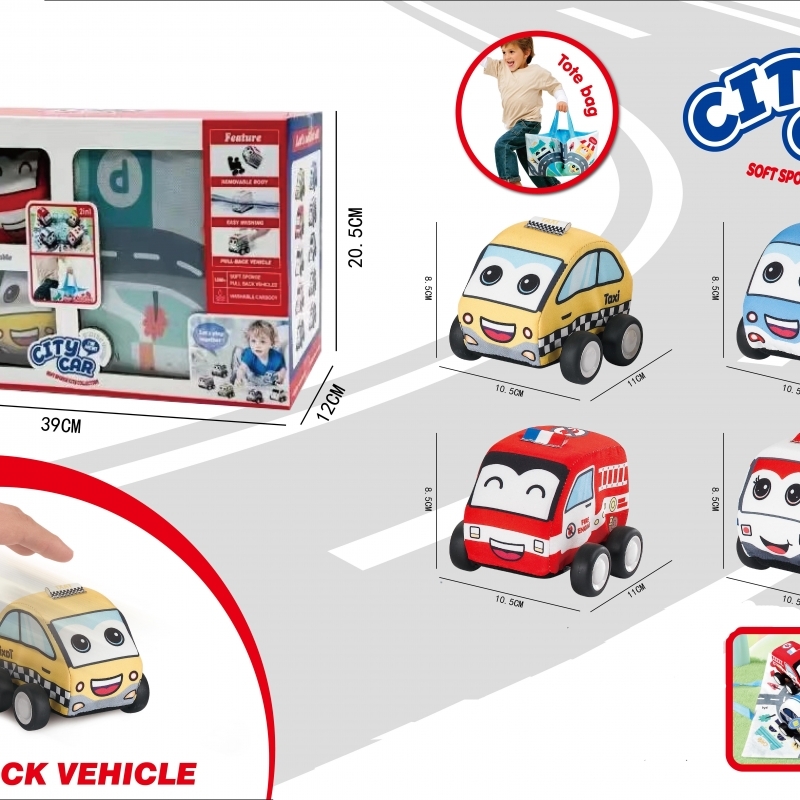 Set 4 masinute textile AliBibi, cu mecanism Pull Back si covoras inclus