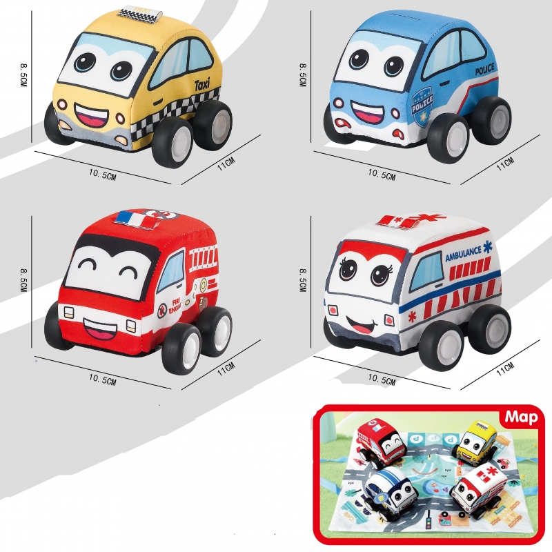 Set 4 masinute textile AliBibi, cu mecanism Pull Back si covoras inclus