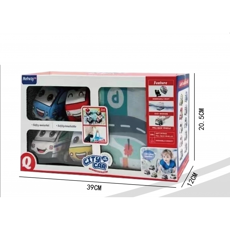 Set 4 masinute textile AliBibi, cu mecanism Pull Back si covoras inclus