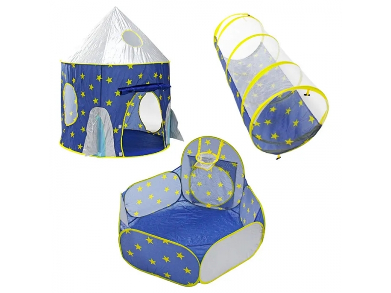 Set cort de joaca pentru copii 3 in 1 in forma de racheta AliBibi albastru