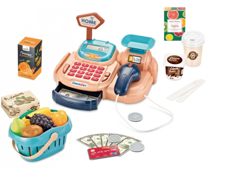 Set de joaca supermarket Alibibi cu casa de marcat, cantar, scanner, lumini si sunete si 47 de accesorii