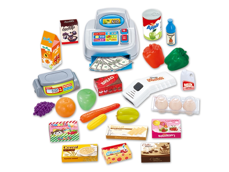 Set de joaca supermarket Alibibi cu casa de marcat, cantar, scanner, lumini si sunete si o multime de accesorii