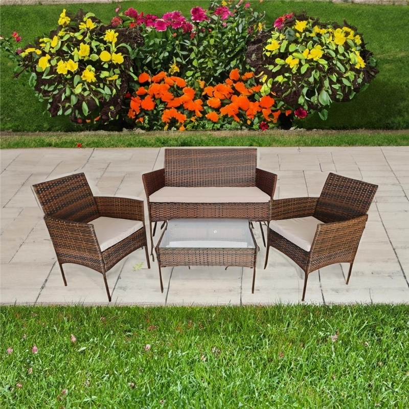 Set mobilier de gradina DeHome Jardin A16, 4 locuri, masa, canapea, doua fotolii, culoare maro
