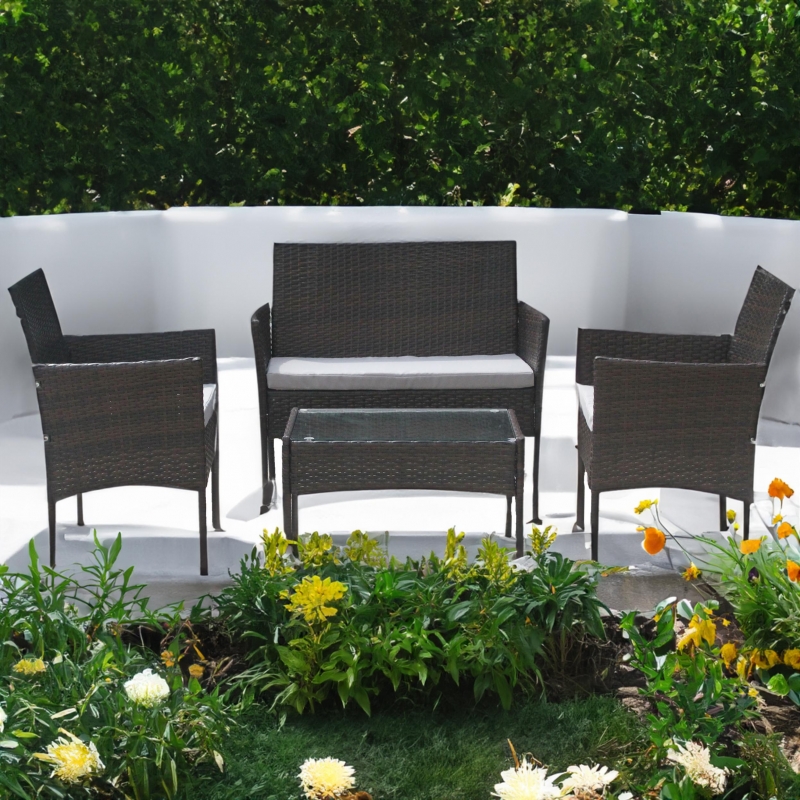 Set mobilier de gradina DeHome MG100, canapea, scaune si masuta incluse, culoarea maro