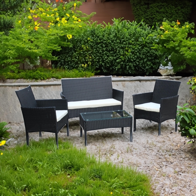 Set mobilier de gradina DeHome Zafir 100 Black, canapea, scaune si masuta incluse, culoarea neagra