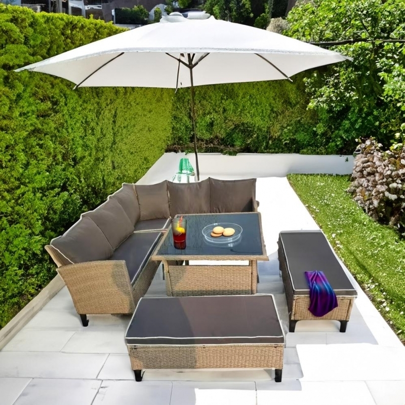 Set mobilier de gradina DeHome Zafir 1000 Coffee, 9 locuri, coltar, bancute, masa patrata, culoare coffee