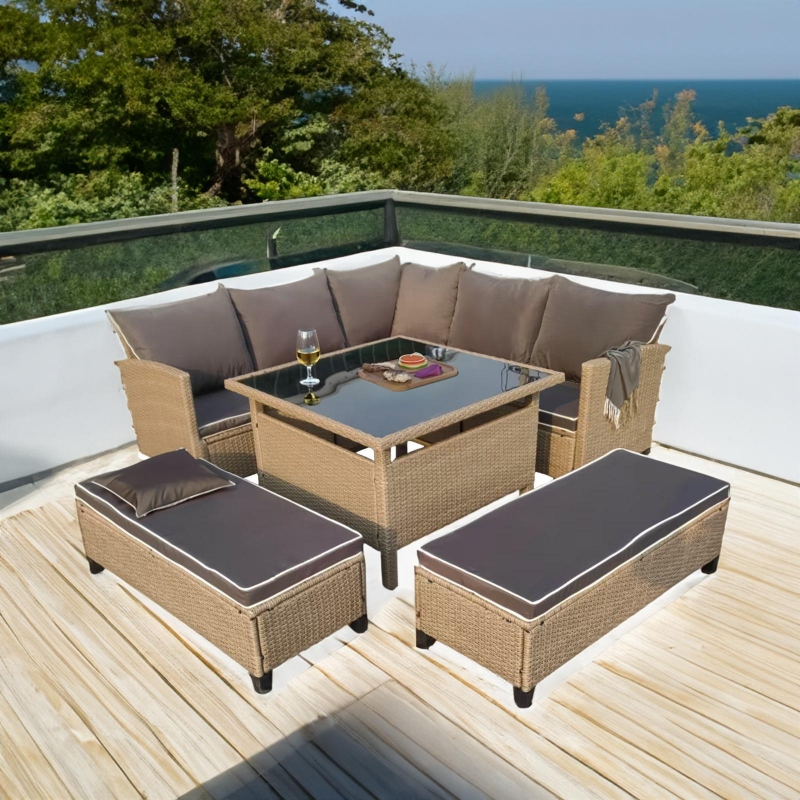 Set mobilier de gradina DeHome Zafir 1000 Coffee, 9 locuri, coltar, bancute, masa patrata, culoare coffee