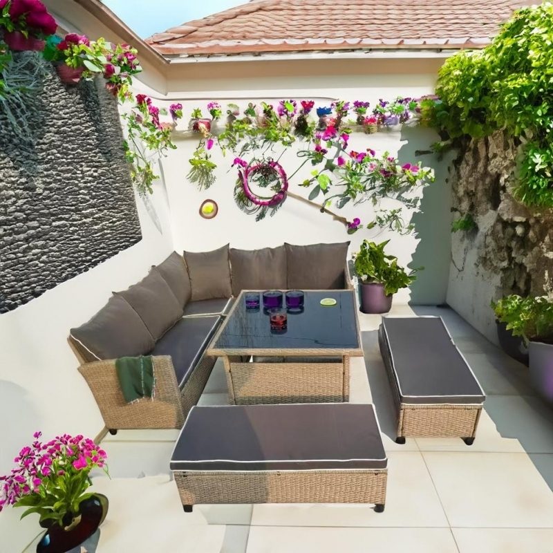 Set mobilier de gradina DeHome Zafir 1000 Coffee, 9 locuri, coltar, bancute, masa patrata, culoare coffee