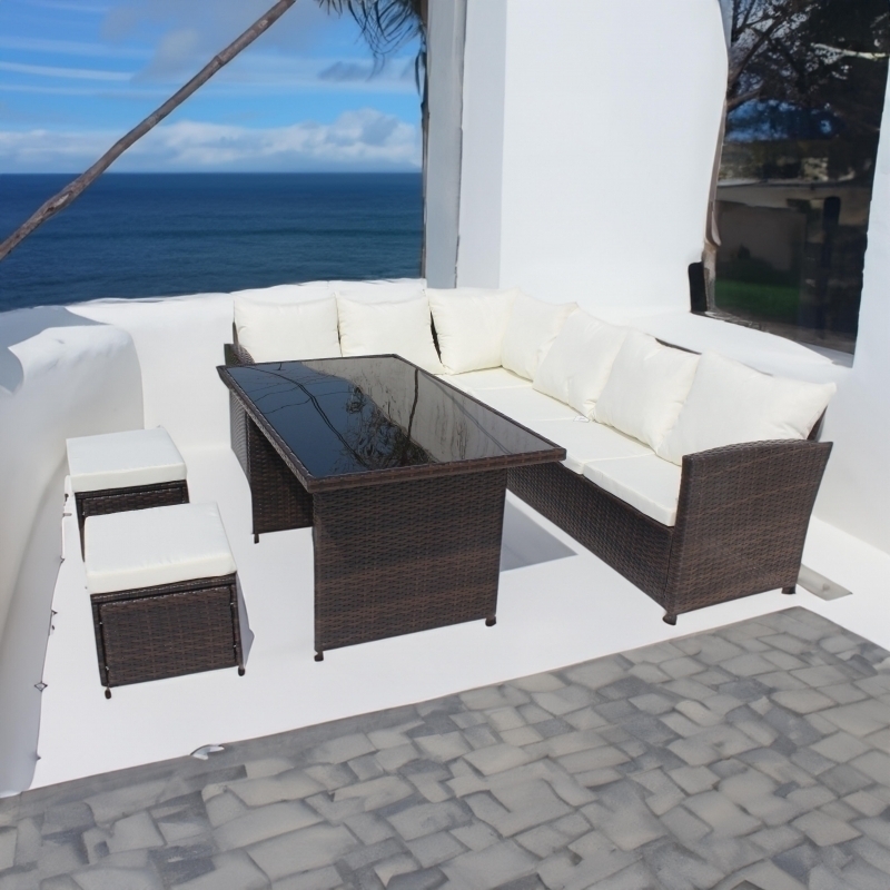 Set mobilier de gradina DeHome MG190, 8 locuri, canapea, coltar, masa Maro