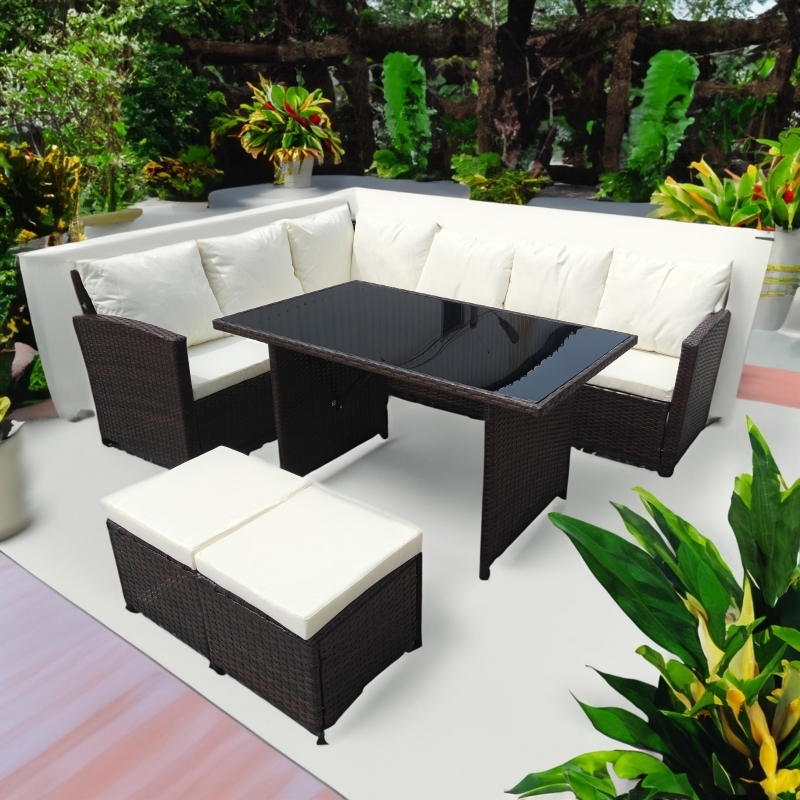 Set mobilier de gradina DeHome MG190, 8 locuri, canapea, coltar, masa Maro