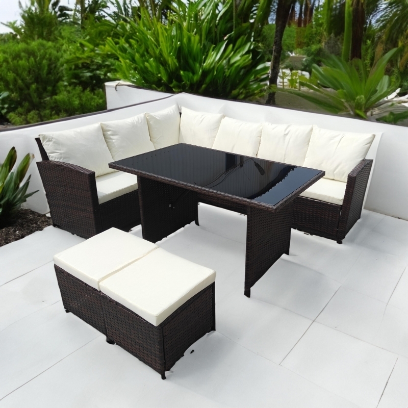 Set mobilier de gradina DeHome MG190, 8 locuri, canapea, coltar, masa Maro