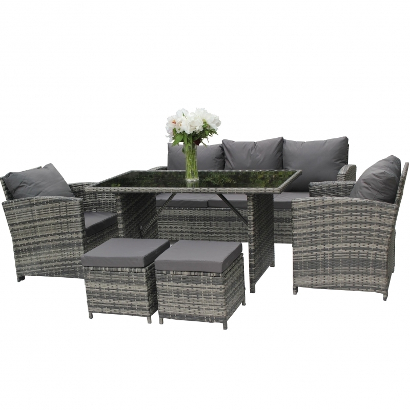 Set mobilier de gradina DeHome MG2000, 7 locuri, canapea, fotolii, masa, tabureti Gri