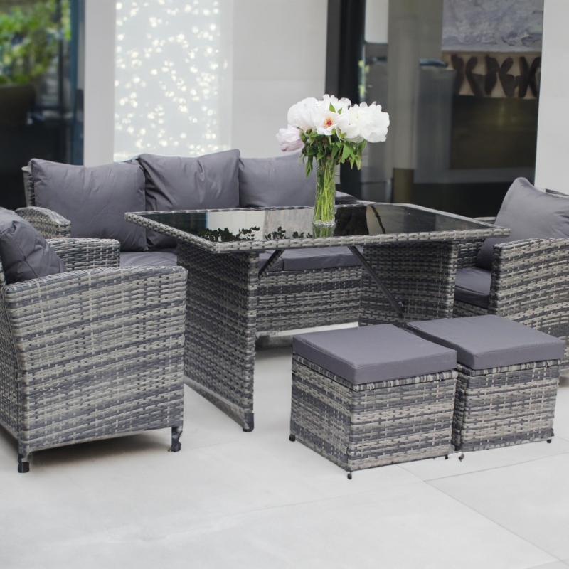 Set mobilier de gradina DeHome MG2000, 7 locuri, canapea, fotolii, masa, tabureti Gri