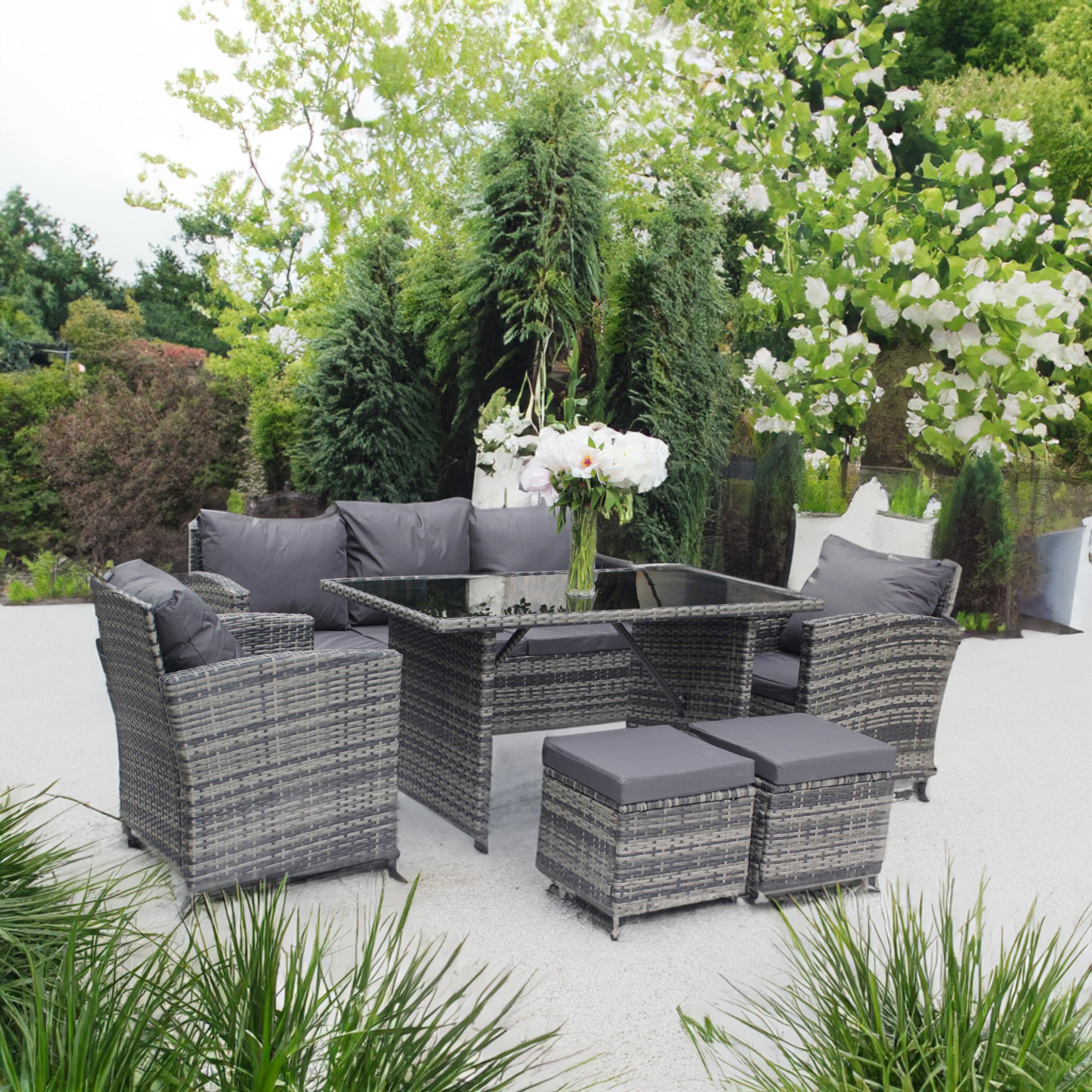 Set mobilier de gradina DeHome MG2000, 7 locuri, canapea, fotolii, masa, tabureti Gri