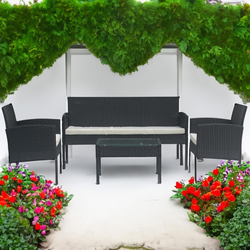 Set mobilier de gradina DeHome MG410, canapea, fotolii si masuta incluse, culoare negru