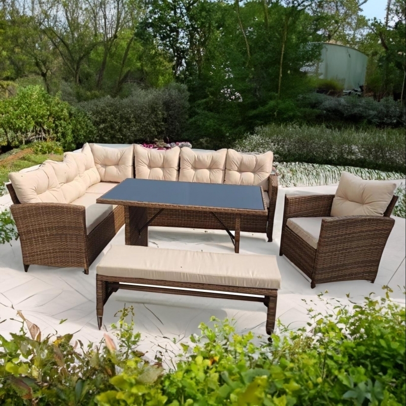 Set mobilier de gradina DeHome MG560, 10 locuri, canapea, coltar, fotolii, banca, masa coffee