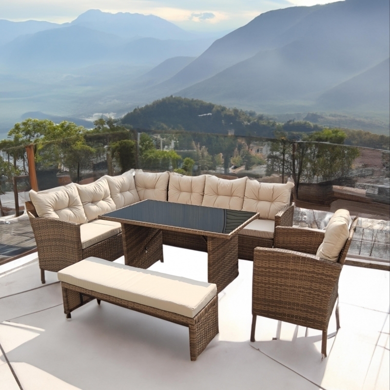 Set mobilier de gradina DeHome MG560, 10 locuri, canapea, coltar, fotolii, banca, masa coffee