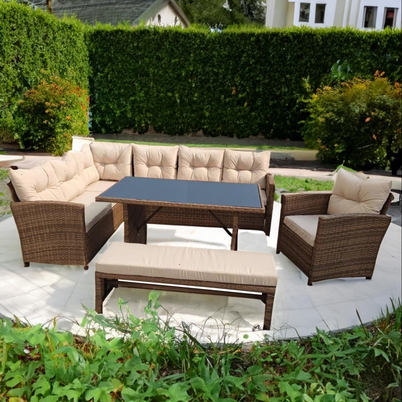 Set mobilier de gradina DeHome MG560, 10 locuri, canapea, coltar, fotolii, banca, masa coffee