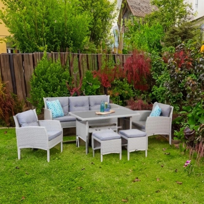 Set mobilier de gradina DeHome MG781, 7 locuri, masa, canapea, fotolii, tabureti Gri