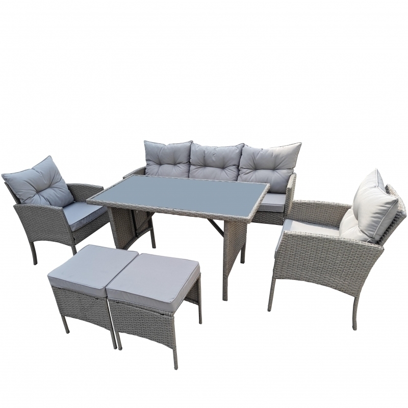Set mobilier de gradina DeHome MG781, 7 locuri, masa, canapea, fotolii, tabureti Gri