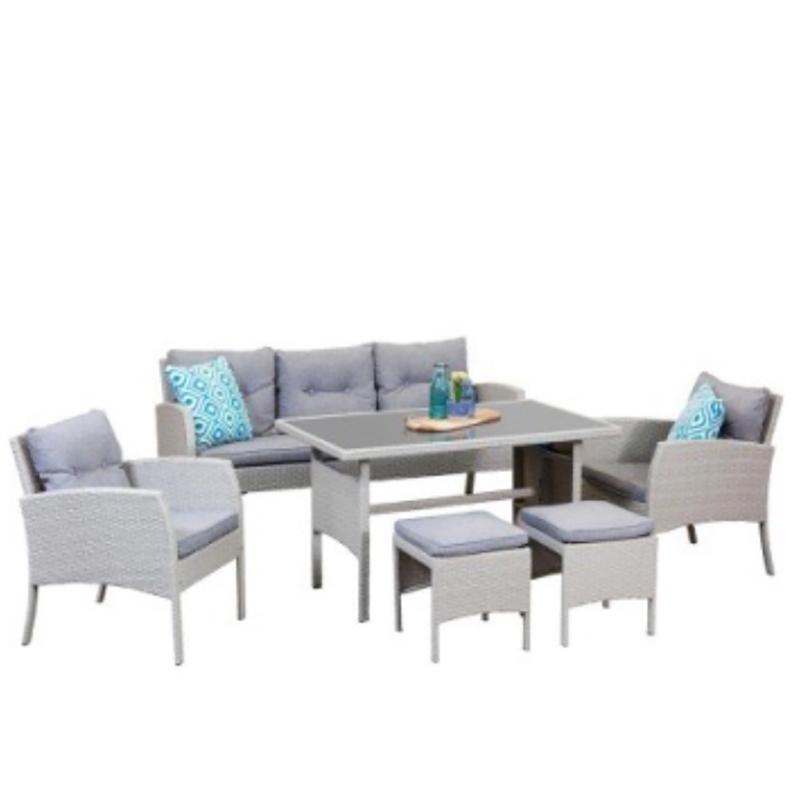 Set mobilier de gradina DeHome MG781, 7 locuri, masa, canapea, fotolii, tabureti Gri