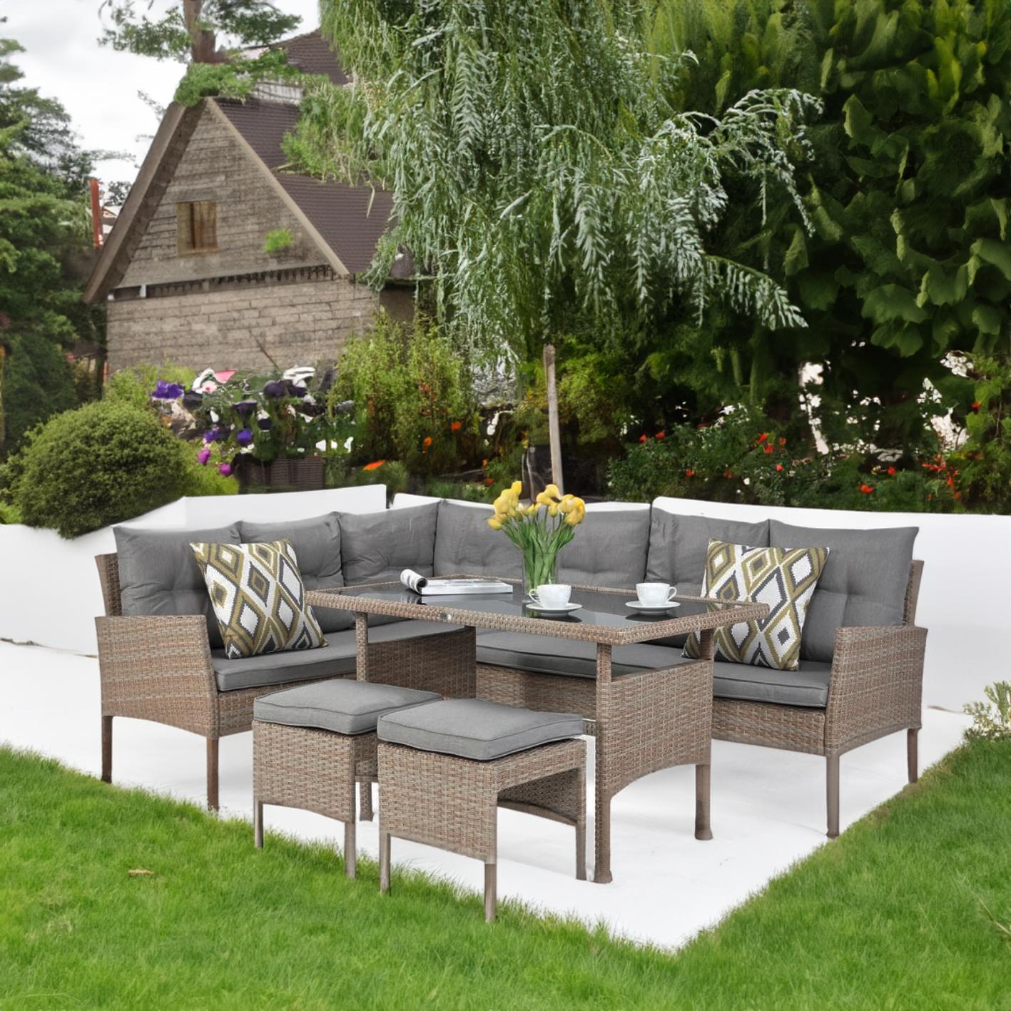 Set mobilier de gradina DeHome MG790, 8 locuri, masa, canapele, tabureti Coffee