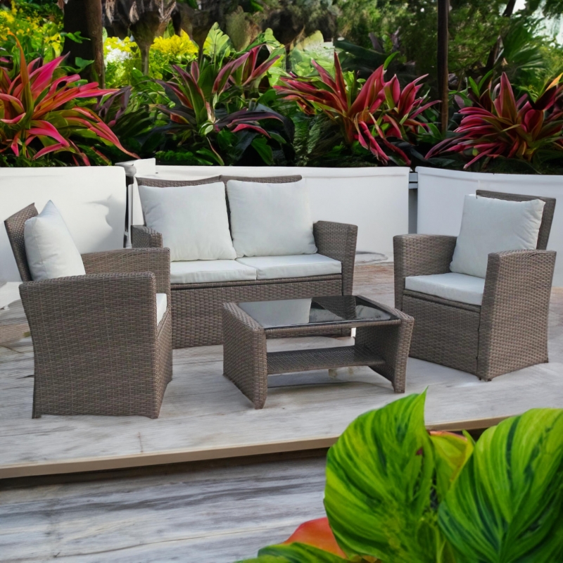 Set mobilier de gradina DeHome MG900, canapea, fotolii si masuta incluse, culoare coffee