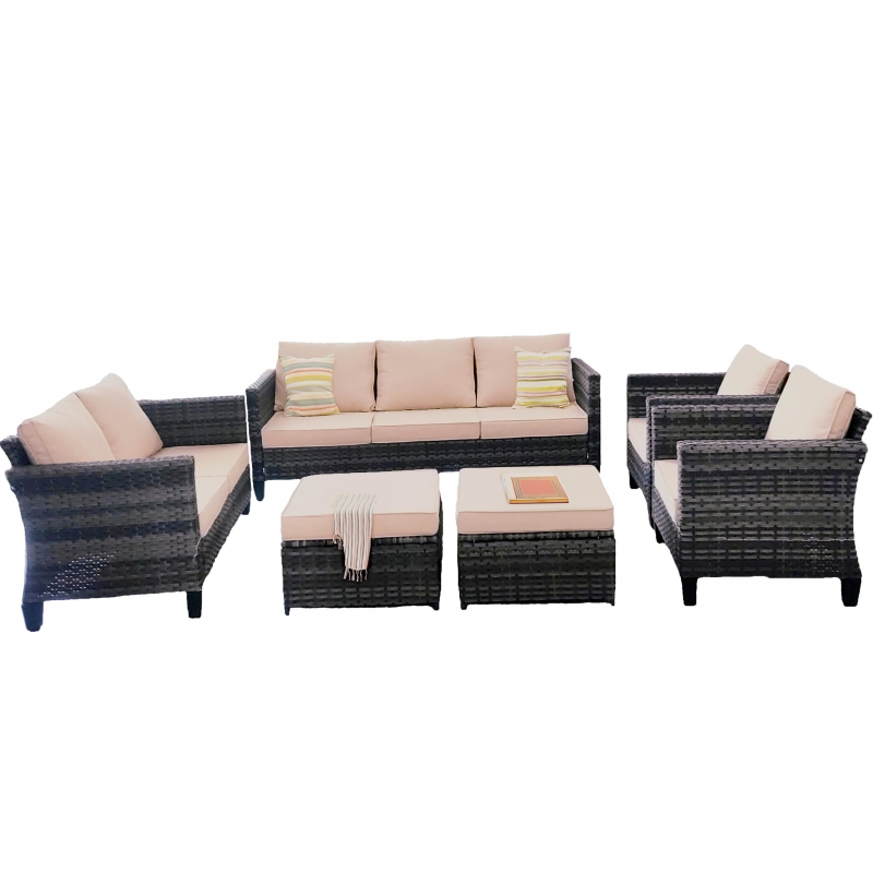 Set mobilier de gradina DeHome Zafir 1500 Gray, 9 locuri, canapea dubla, canapea tripla, fotolii si tabureti, design modern, culoare gri, perne crem