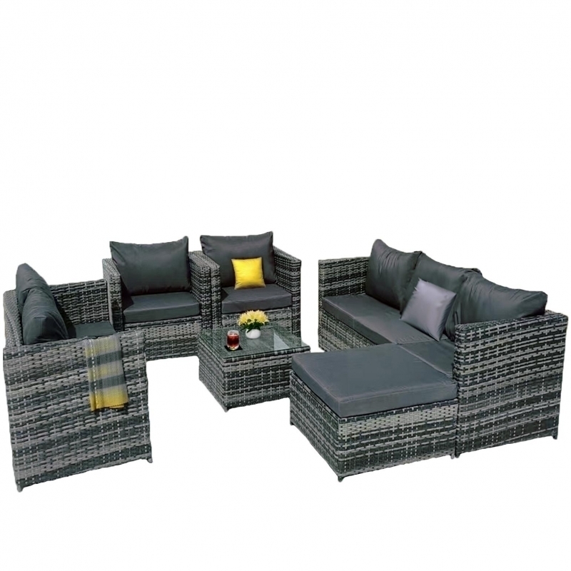 Set mobilier de gradina DeHome Zafir 1800 Gray, 8 locuri, canapea tripla, canapea dubla, fotolii, masa si otoman, design modern, culoare gri, perne gri