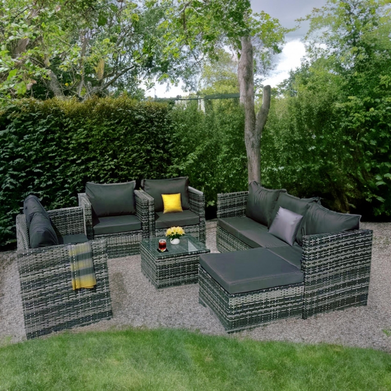 Set mobilier de gradina DeHome Zafir 1800 Gray, 8 locuri, canapea tripla, canapea dubla, fotolii, masa si otoman, design modern, culoare gri, perne gri