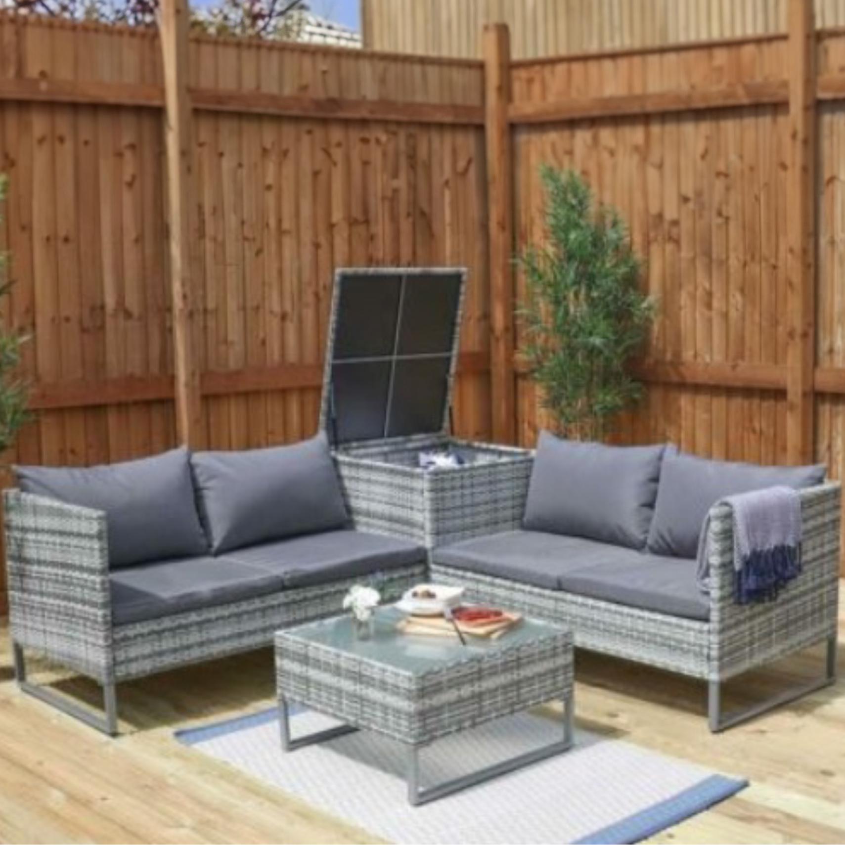 Set mobilier de gradina DeHome Zafir 631 Gray, 4 locuri, canapele duble, cutie depozitare si masuta de cafea, design modern,  culoare gri, perne gri