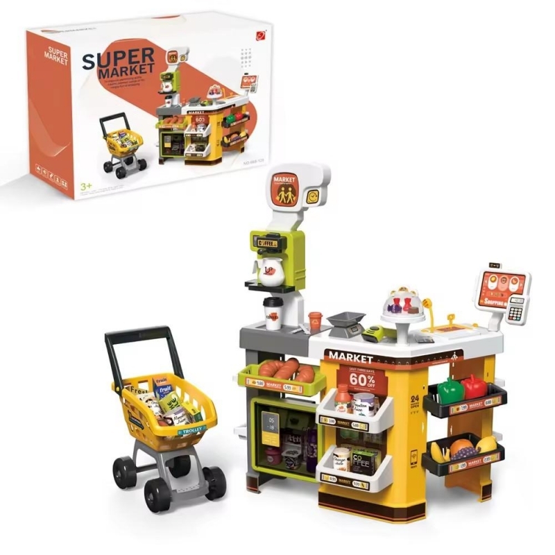 Supermarket AliBIbi , cu scanner, cantar si carucior de cumparaturi,galben