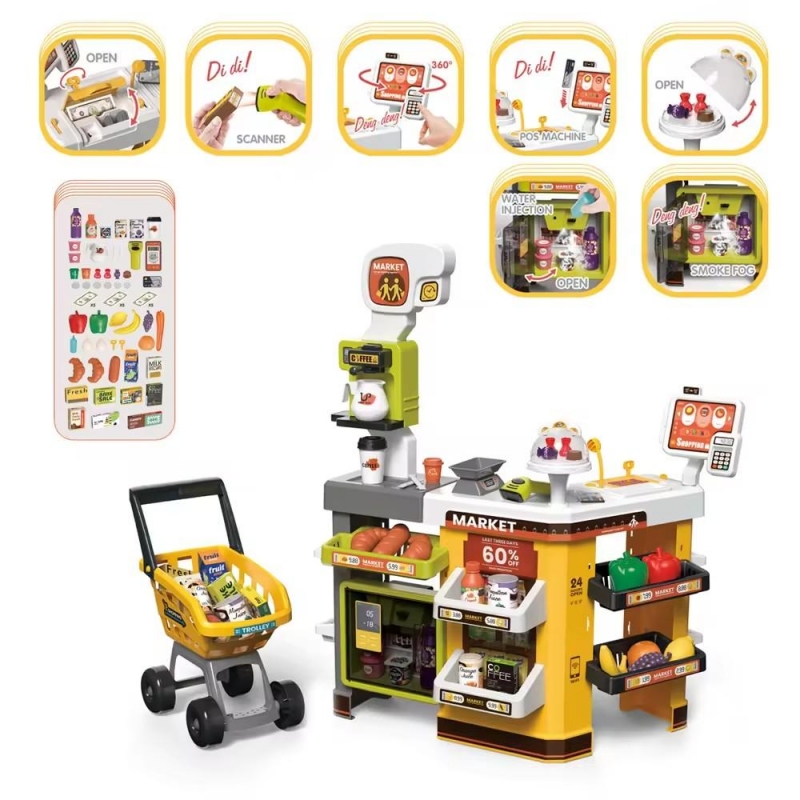 Supermarket AliBIbi , cu scanner, cantar si carucior de cumparaturi,galben