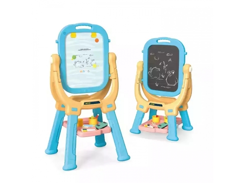 Tabla magnetica 2 in 1 AliBibi, cu stativ si accesorii de scriere, galben-albastru