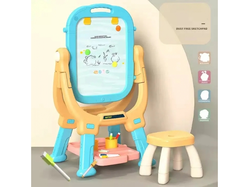 Tabla magnetica 2 in 1 AliBibi, cu stativ si accesorii de scriere, galben-albastru