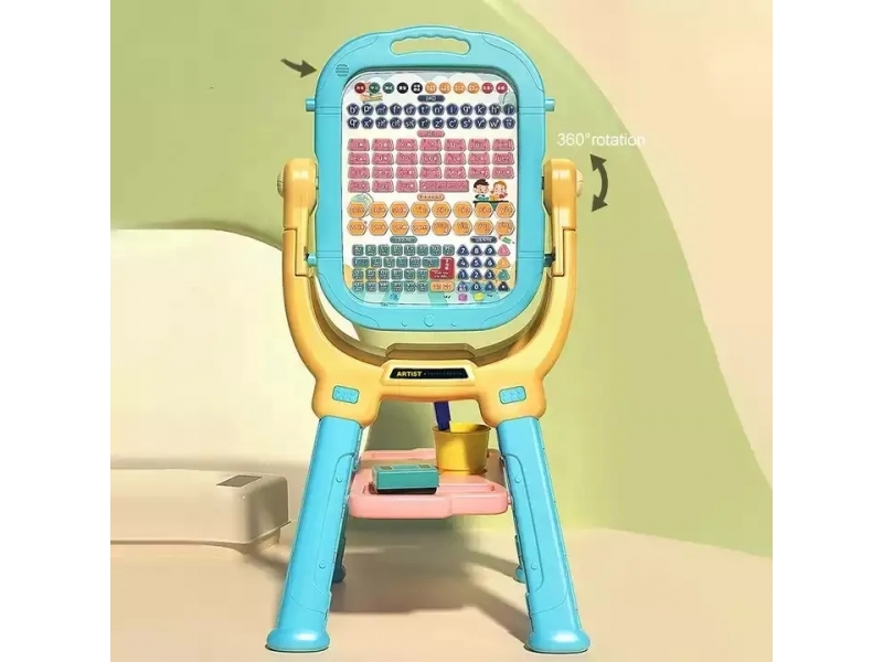 Tabla magnetica 2 in 1 AliBibi, cu stativ si accesorii de scriere, galben-albastru