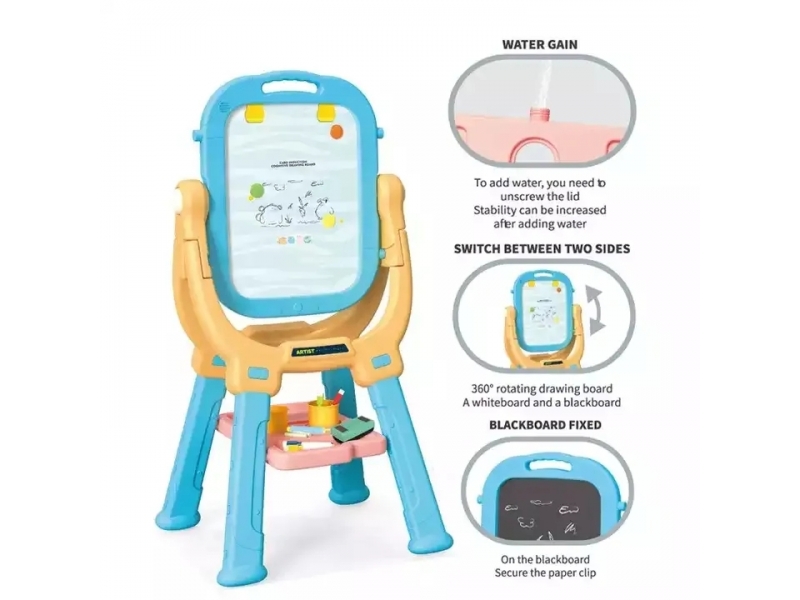 Tabla magnetica 2 in 1 AliBibi, cu stativ si accesorii de scriere, galben-albastru