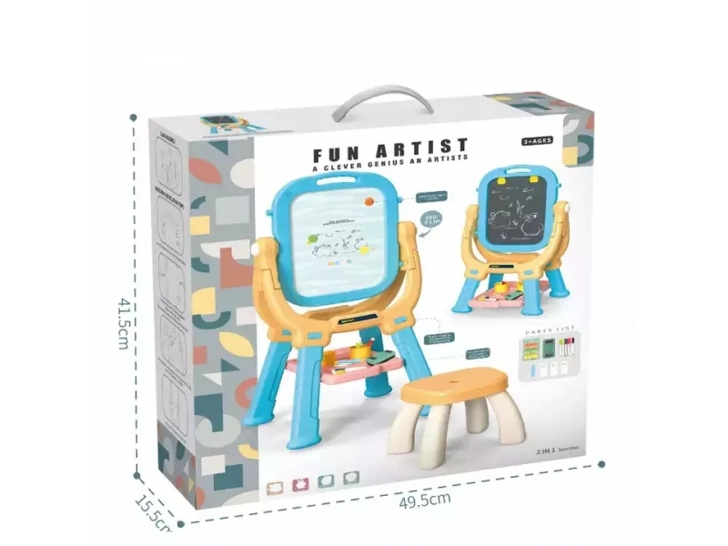 Tabla magnetica 2 in 1 AliBibi, cu stativ si accesorii de scriere, galben-albastru