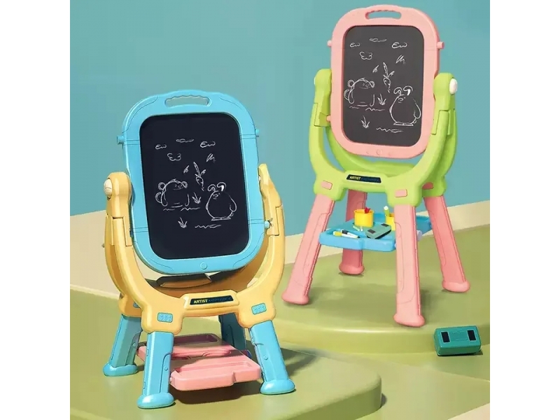 Tabla magnetica 2 in 1 AliBibi, cu stativ si accesorii de scriere, roz-verde