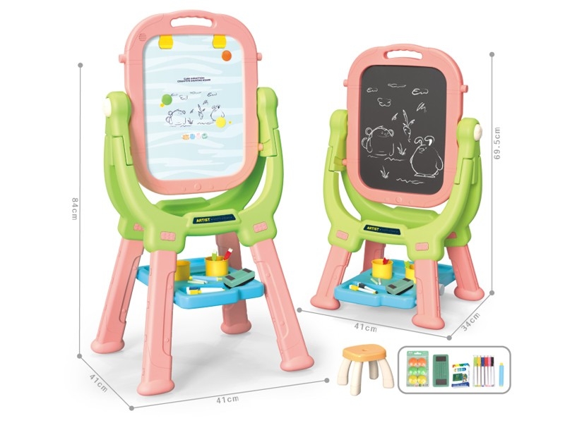 Tabla magnetica 2 in 1 AliBibi, cu stativ si accesorii de scriere, roz-verde