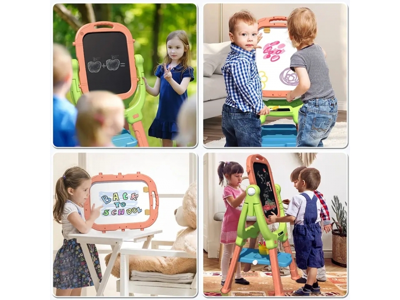 Tabla magnetica 2 in 1 AliBibi, cu stativ si accesorii de scriere, roz-verde