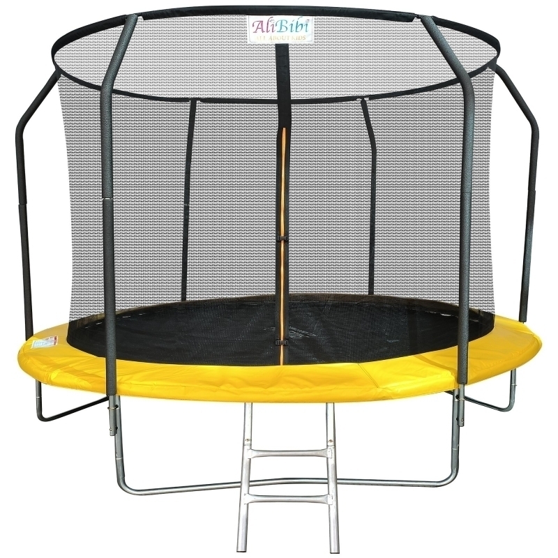 Trambulina AliBibi Fun 708, galbena, diametru 244 cm ( 8 FT ), plasa de siguranta, scara inclusa, plasa rezistenta UV, structura metal