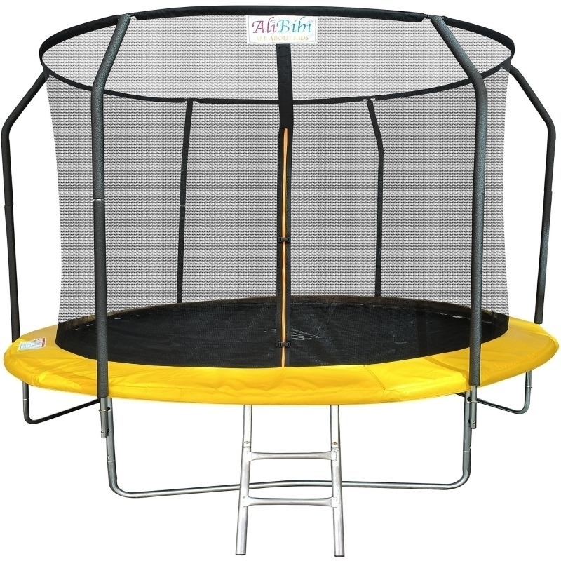 Trambulina AliBibi Fun 710, galbena, diametru 305 cm ( 10 FT ), plasa de siguranta, scara inclusa, plasa rezistenta UV, structura metal