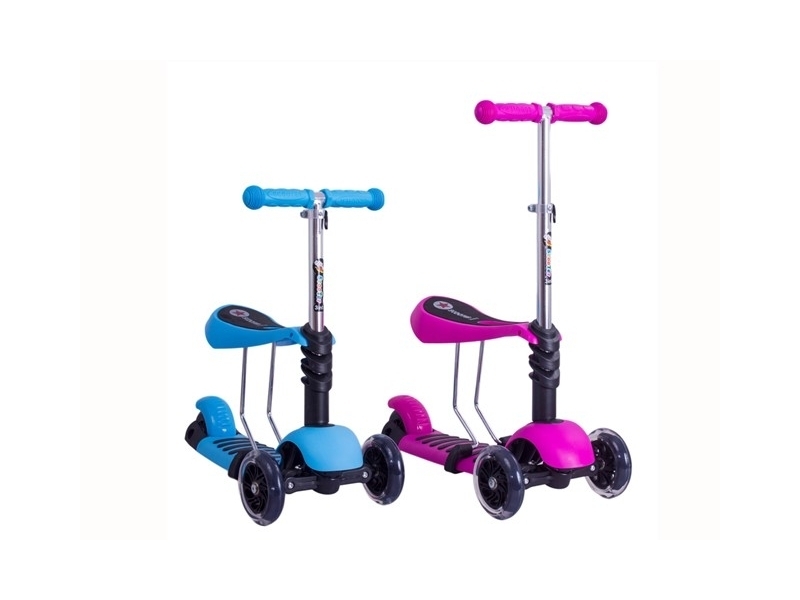 Trotineta pentru copii AliBibi 2 in 1 cu scaunel, cosulet buburuza si roti luminoase, albastra