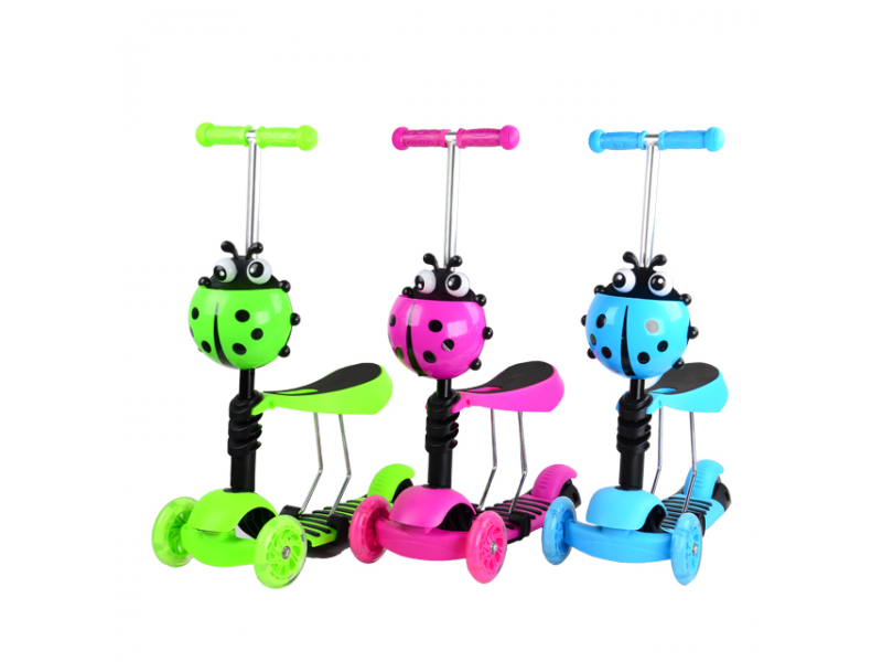 Trotineta pentru copii AliBibi 2 in 1 cu scaunel, cosulet buburuza si roti luminoase, albastra