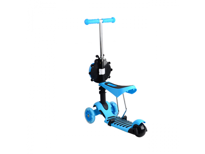 Trotineta pentru copii AliBibi 2 in 1 cu scaunel, cosulet buburuza si roti luminoase, albastra