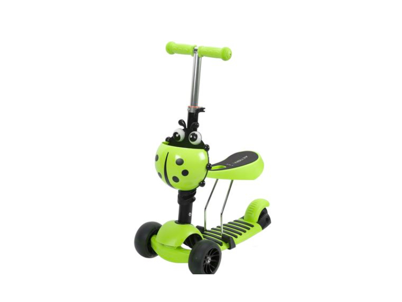 Trotineta pentru copii AliBibi 2 in 1 cu scaunel, cosulet buburuza si roti luminoase, verde