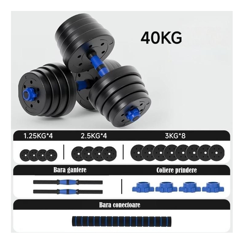 Set gantere reglabile FitTronic 40 kg, BG40, 2 gantere de 20 kg si bara de conectare inclusa, sigurante cu filet