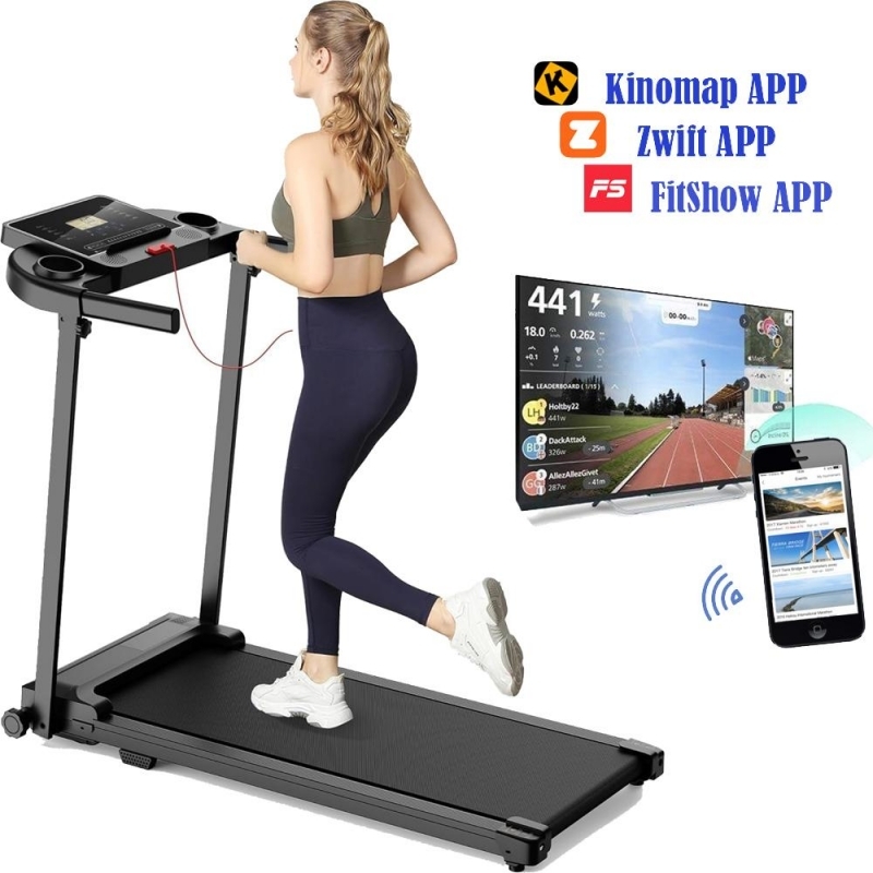 Banda de alergare electrica FitTronic K1100, motor de 2.5 CP, greutate suportata 110 kg, 4 moduri de alergare pana la 12 km/h, muzica prin Bluetooth, control cu smartphone prin aplicatii: Fitshow, Kinomap, Zwift